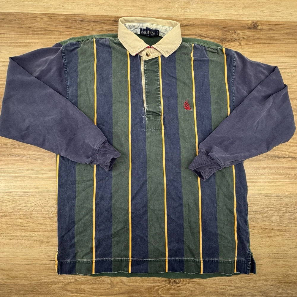 Vintage 90s Nautica Rugby Polo Shirt Men M Striped Color Block Long Sleeve